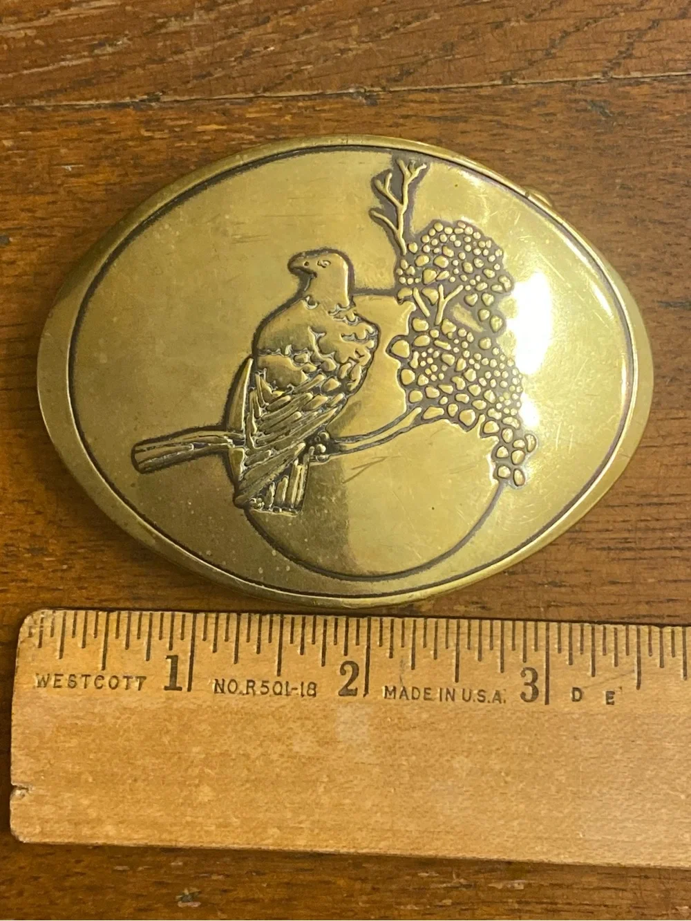 Vtg 1970s Solid Brass Etched Eagle Sunset Branch Belt Buckle
